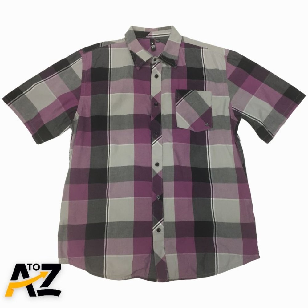 Men Current Purple Black plaid Short Sleeve Button Up Shirt Size L Large